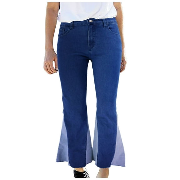 YDFCWXW Patchwork Jeans for Women Two Tone Frayed Hem Flared Denim Color Block Jeans Dark Blue, XL