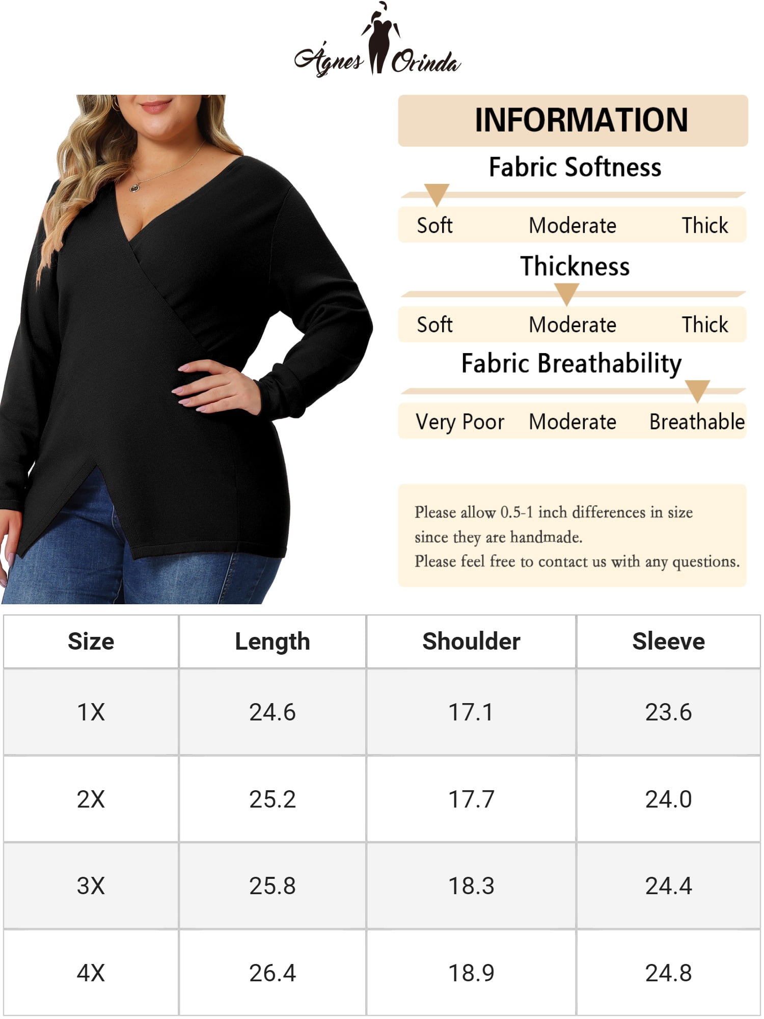 Unique Bargains Women's Plus Size Knitted Deep V Neck Wrap Criss Cross Cable Knit Sweater 4X Black
