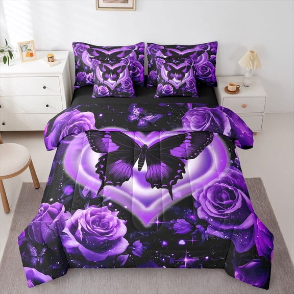 Castle Fairy Purple Butterfly Girl Twin Bedding Sets,Floral Rose Bedding Comforter Set