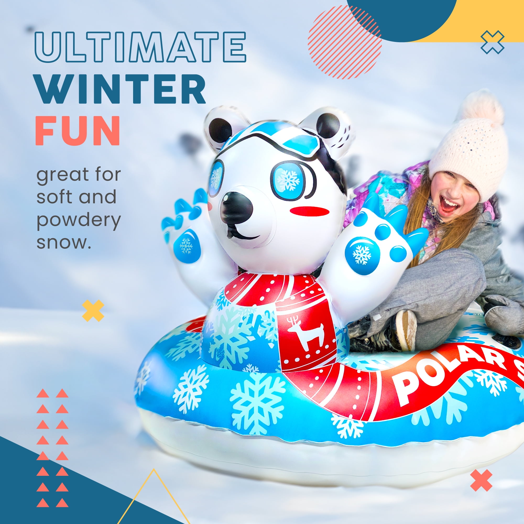 Sunlite Sports Polar Bear Snow Tube - Heavy Duty Inflatable Sled for Winter with Dual Sealed Seams, Grip Handles, Airtight Boston Valve, Repair Patch Kit, Extra Thick Material