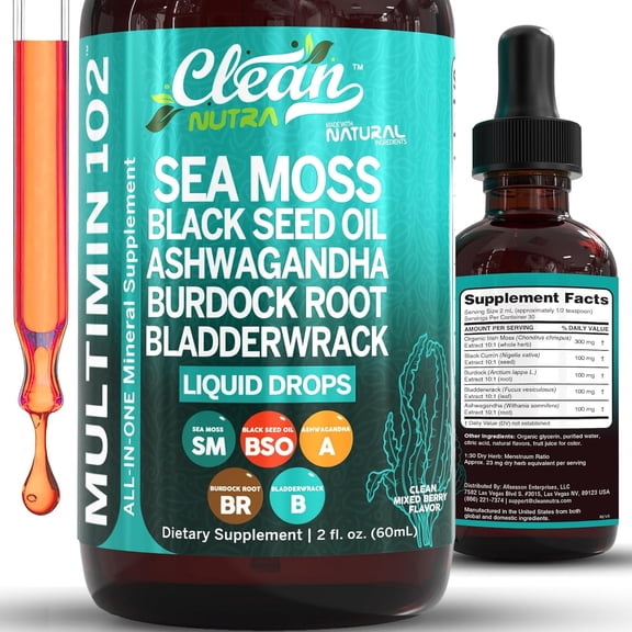 Clean Nutra Organic Sea Moss Drops Supplement | Black Seed Oil Irish Seamoss Ashwagandha Burdock Root & Bladderwrack - Multimineral Liquid Vegan for Gut Heath Energy Skin Immune Support & Hair