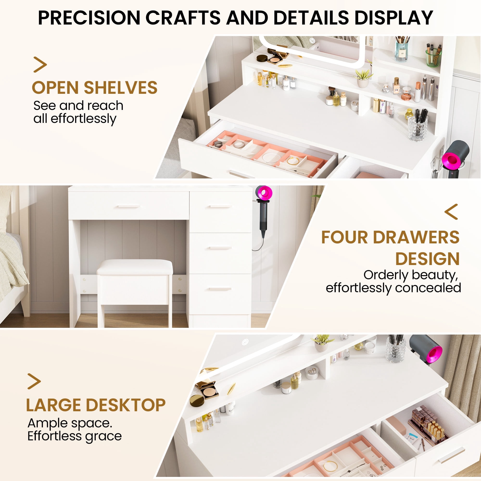 LIVELYGLOW Vanity Set with Stool,Smart LED Mirror Makeup Vanity Set with Power Outlet,Vanity Dressing Table for Bedroom,White