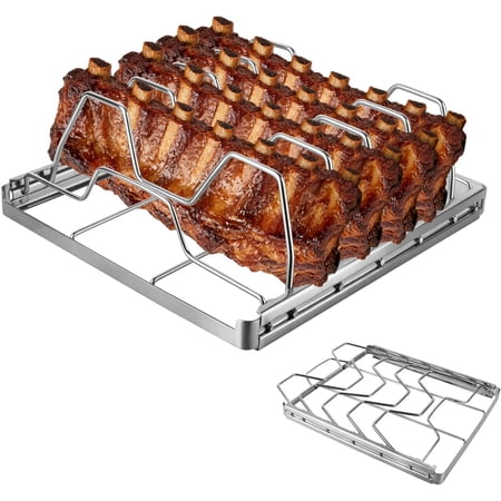 Large Rib Rack for Smoking - 5 Slots Rib Racks for Grilling - Easy to Use and Clean BBQ Premium Durable Rib Rack Stainless Steel 9.6*8.5inch