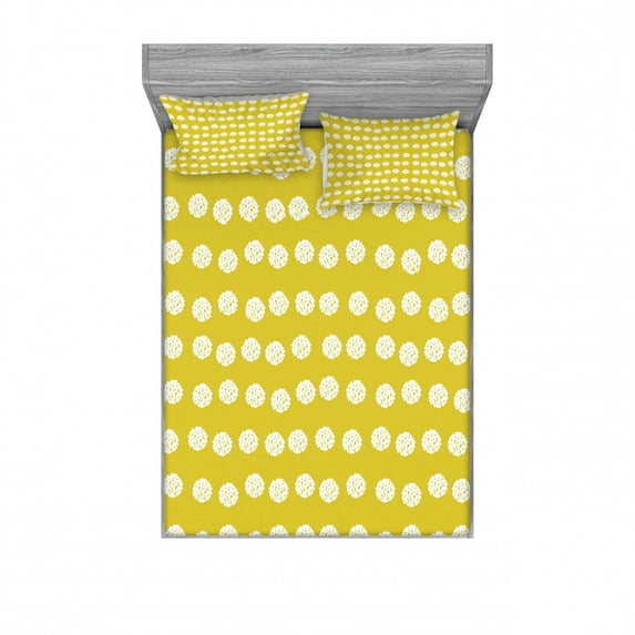 Floral Bedding Set with Sheet & Covers, Spring Vibes Vintage Style Ball Shape Pile of Tiny White Flowers Pattern, Printed Bedroom Decor 2 Shams, 4 Sizes, Yellow Green White, by Ambesonne
