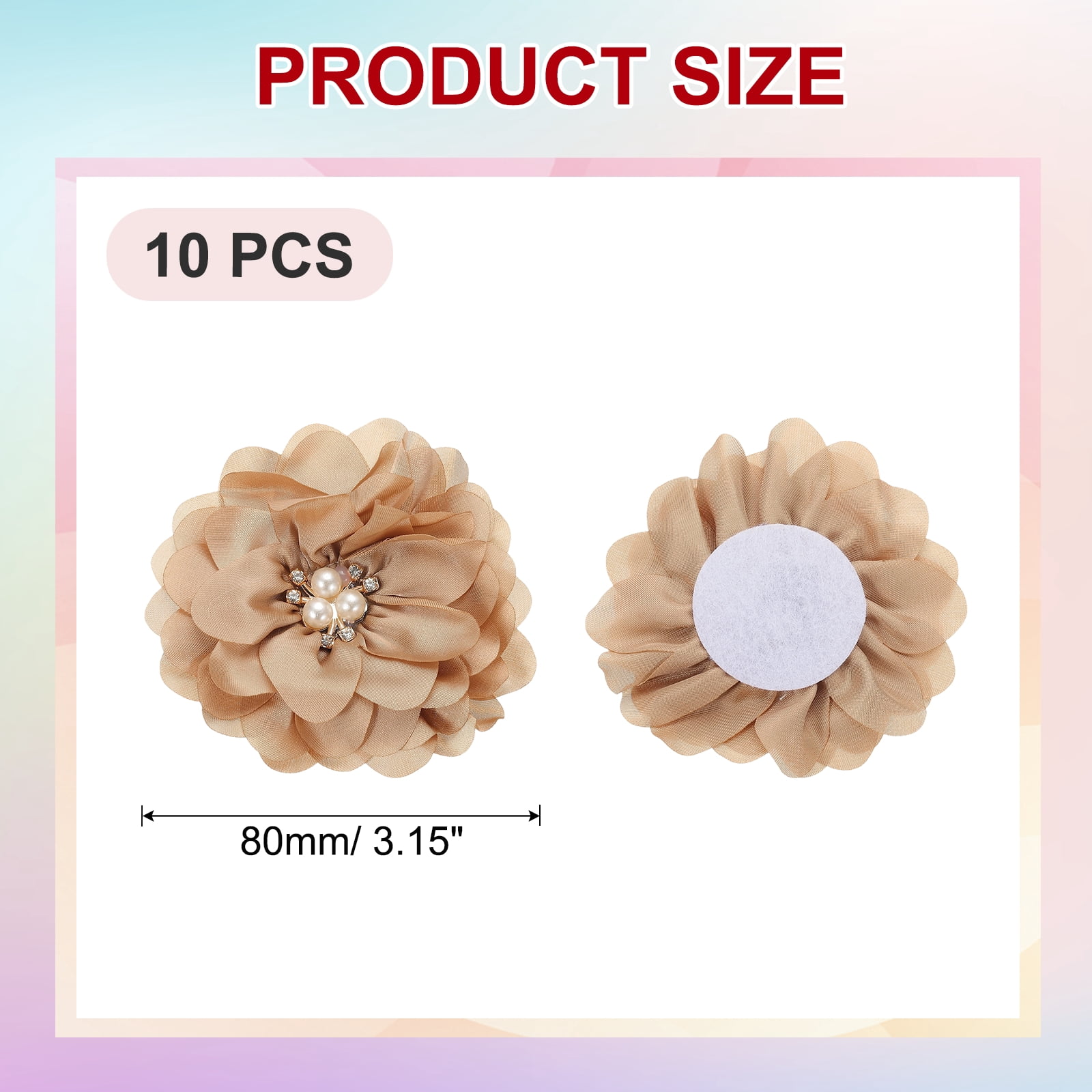 Unique Bargains 10Pcs Chiffon Flowers Fabric Rhinestone Pearl Appliques Beige 3.15"