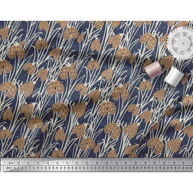 Soimoi Blue Silk Fabric Dot & Flower Hand Drawn Decor Fabric Printed BTY 42 Inch Wide