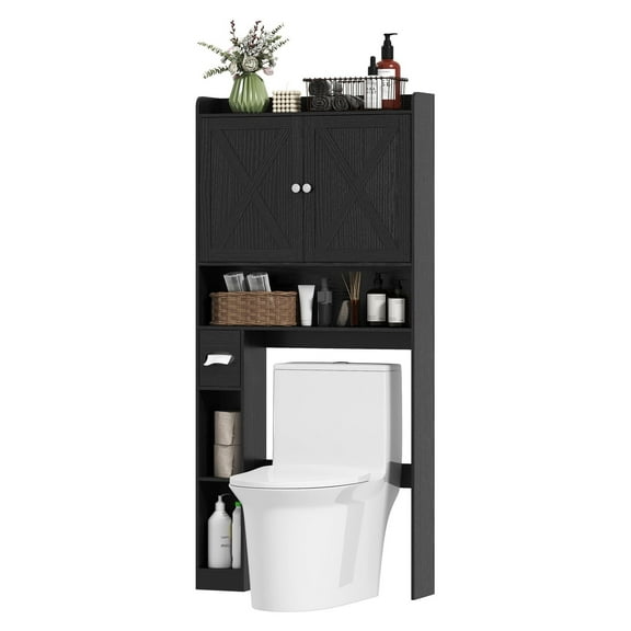 KWUXIN Farmhouse Over the Toilet Cabinet with Barn Doors, Storage with Adjustable Shelf, Space Saving Black Organizer