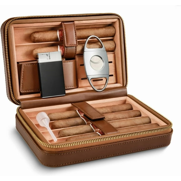 LEACHOI Étui de Cave de Voyage pour Cigare, Étui à Cigare en Cuir avec Doublure en Bois de Cèdre, Cave de Voyage Portable avec Briquet et Coupe-Cigare, Ensemble d'Accessoires pour Cigare, Peut Contenir jusqu'à 6 Cigares