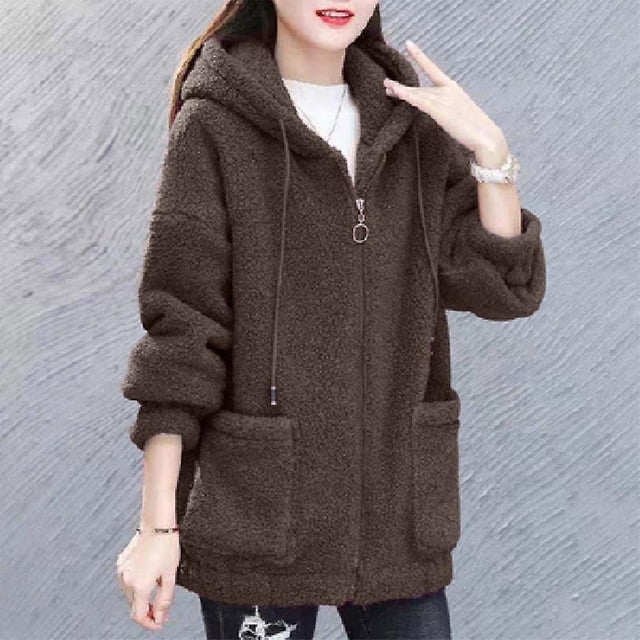 Chaqueta de mujer Chaqueta de punto de lana de cordero de color sólido Sudadera con capucha gruesaCafé