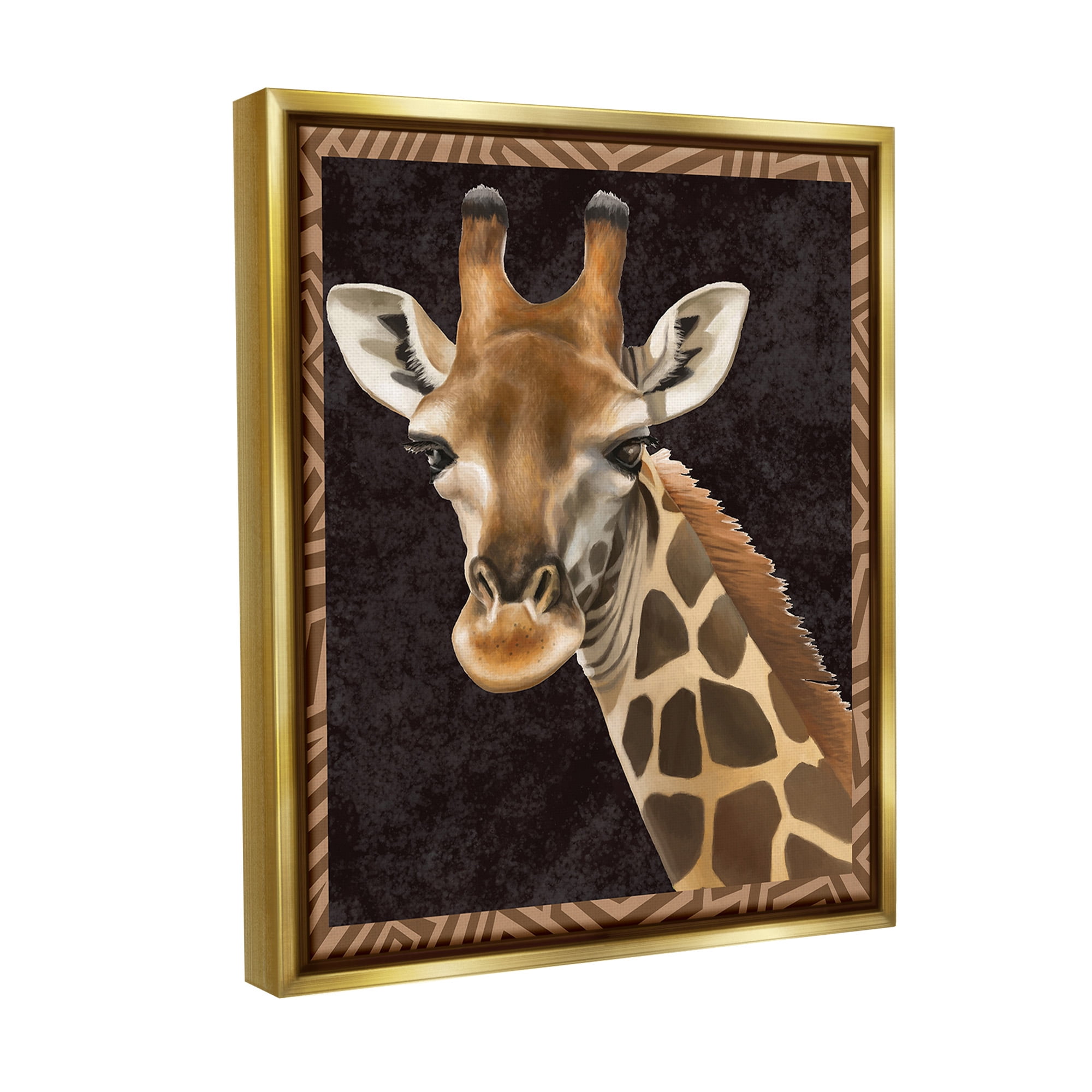 Stupell Industries Giraffe with Geometric Border Animals & Insects Painting Gold Floater Framed Canvas Art Print Wall Art, 25 x 31