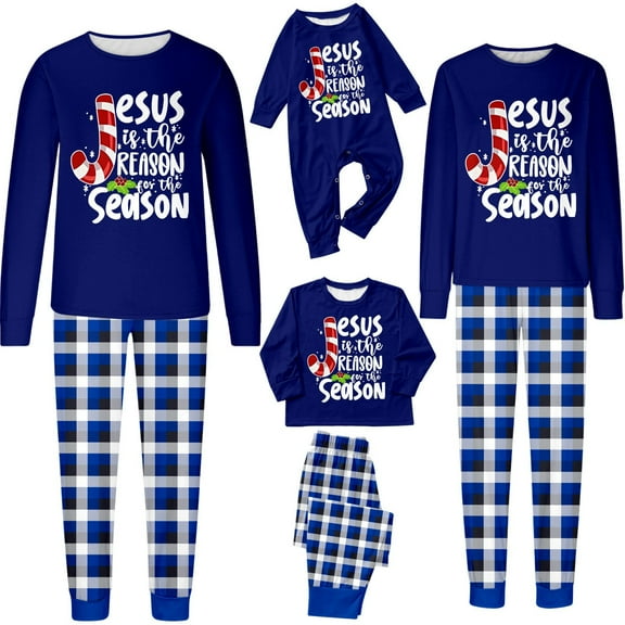 KHONTS Family Christmas Blue Sets of Matching Pajamas Festive Holiday Loungewear With Letter Printed for Parents and Kids Men XL