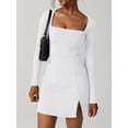 thumbnail image 4 of Douhoow Women MIni Dress Summer Solid Color Long Sleeve Square Neck Split Hem Dress, 4 of 7