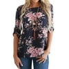 Nlife Women's Floral Print Round Neck Cuffed 3/4 Sleeve Top