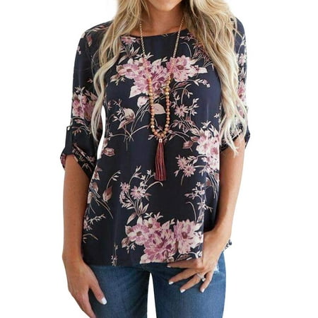 Blue Generation 3/4 Sleeve - Nlife Women's Floral Print Round Neck Cuffed 3/4 Sleeve Top
