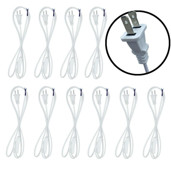 10 Pcs Lamp Cord with Switch Button and Molded Plug, Pure Copper Stripped Ends Ready for Wiring(1.8m, White)
