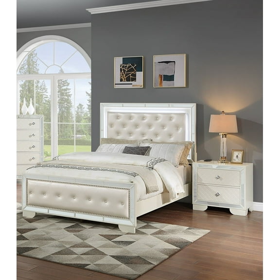 Glam 3pc Queen Size LED Panel Bed Set Cream Faux Leather 2x Nightstands Master Bedroom Furniture