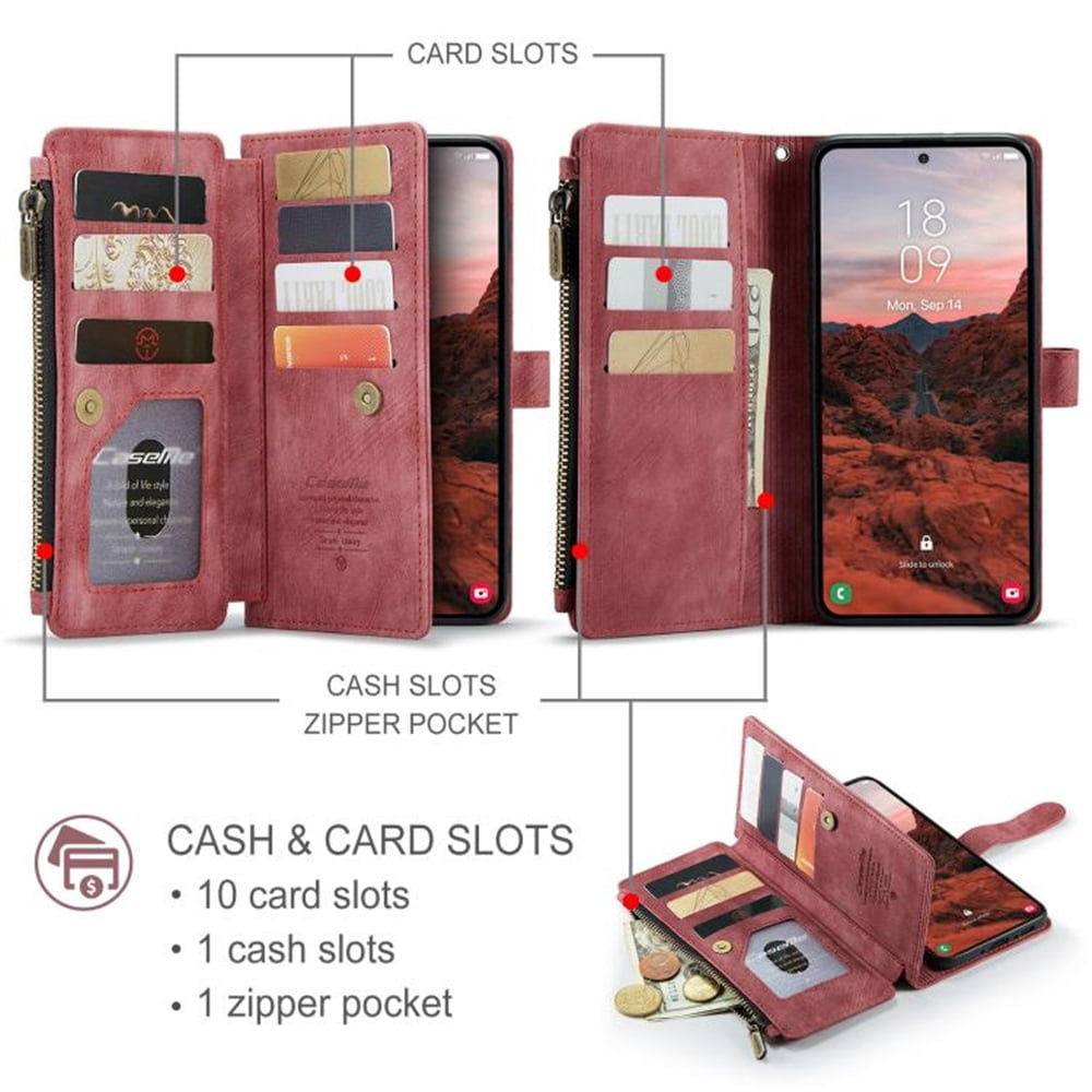 CaseMe Case for Samsung Galaxy A37 5G Wallet Case for Women Men, Fashion Durable PU Leather Magnetic Flip Lanyard Strap Wristlet 10-Card Holder Zipper Wallet Phone Case,Red,For Galaxy A37 5G
