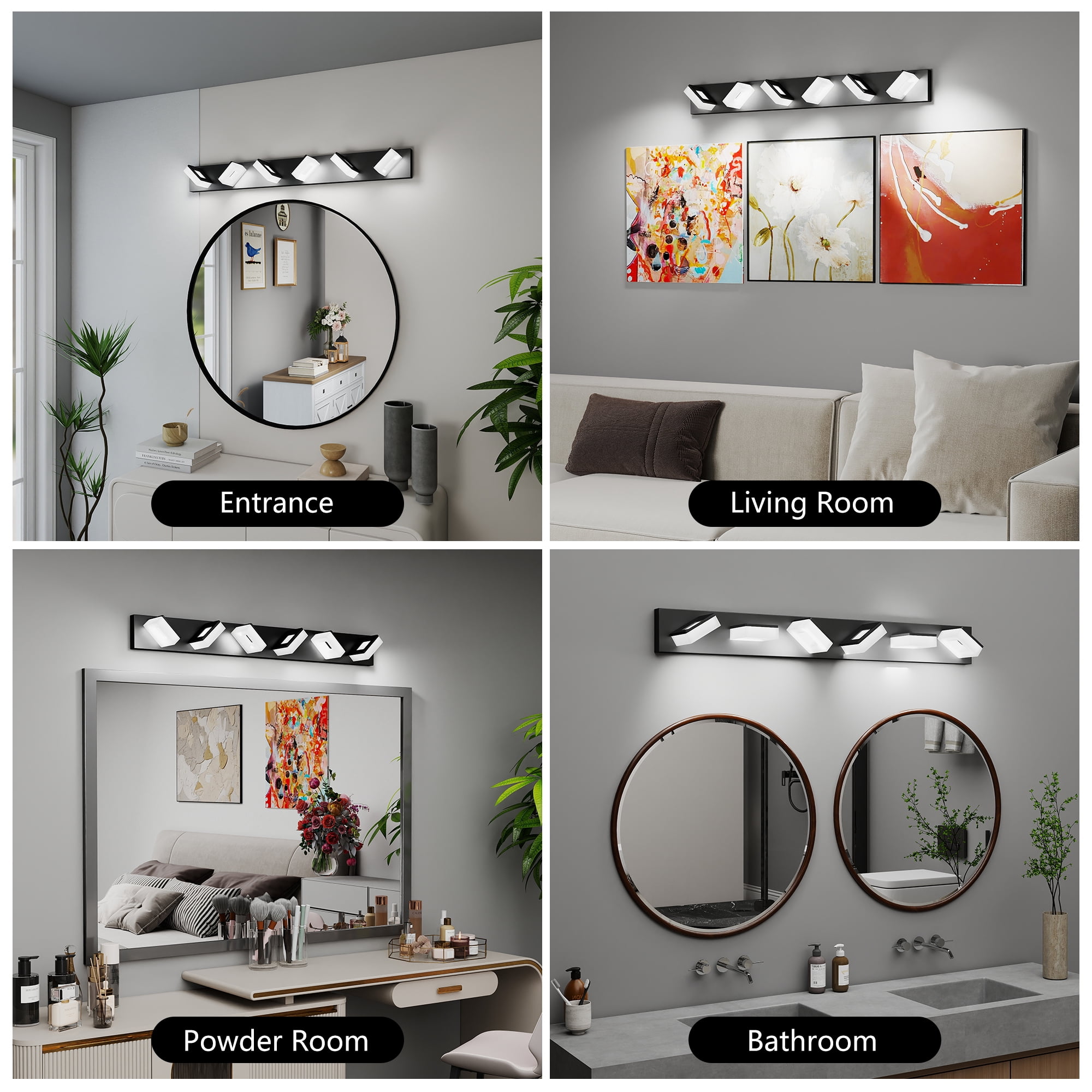6 Light Dimmable Black Bathroom Light Fixtures Over Mirror, 39 in LED Vanity Lights, Acrylic Stainless Steel, Adjustable 3000K/4000K/6000K, 360° Rotate
