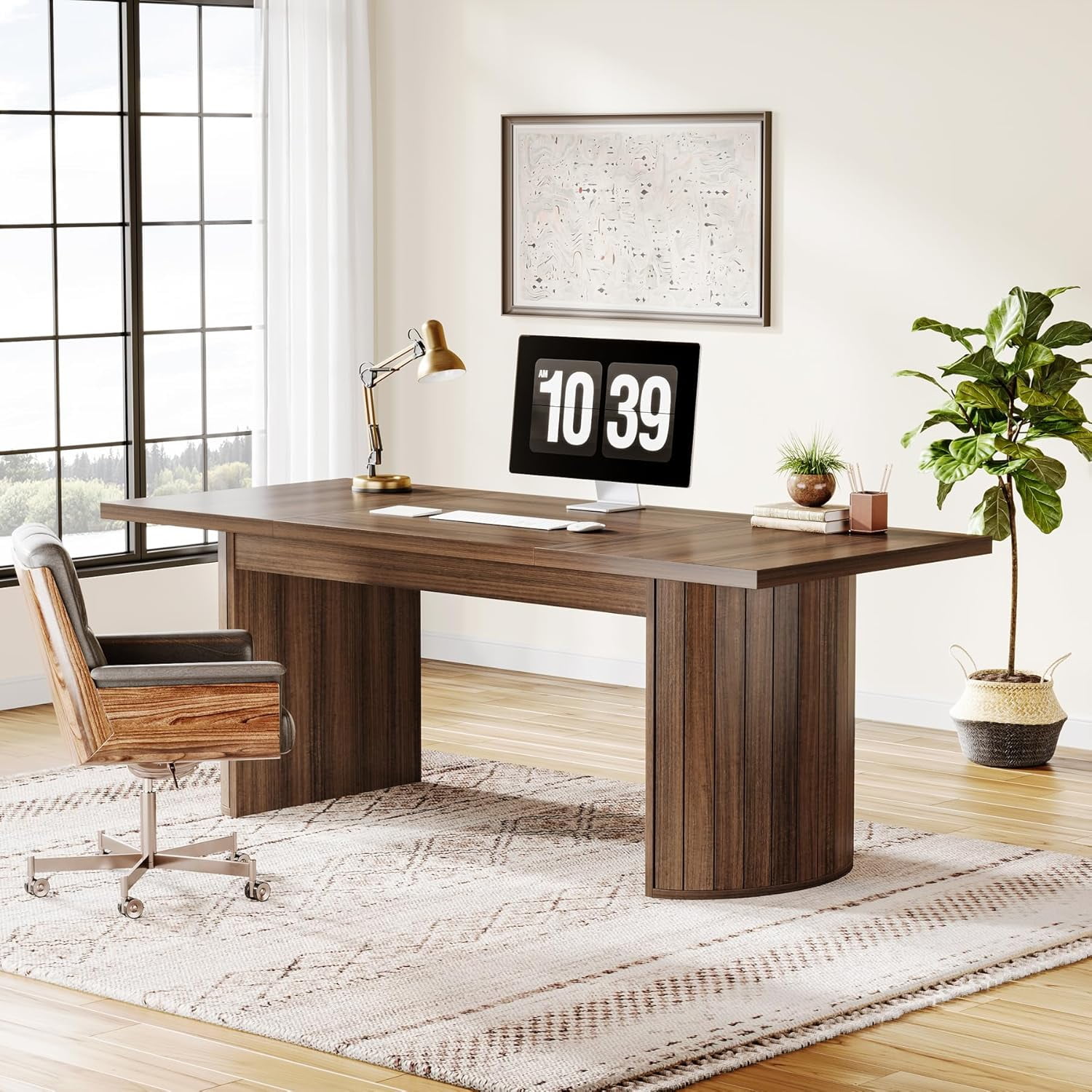 Tribesigns 78.74" Extra Long Executive Desk, Large Computer Office Desk with Wooden Double Pedestal, Rustic Farmhouse Study Writing Table Workstation for Home Office (Walnut)