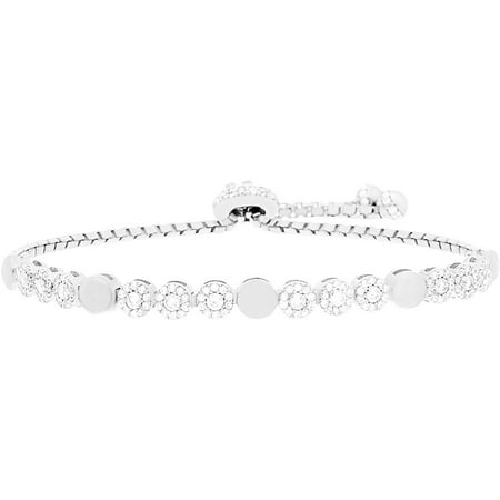 Lesa Michele Cubic Zirconia Sterling Silver Pave and Polished Circle Bezel Box Chain Slider Bracelet in Sterling Silver