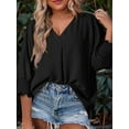 thumbnail image 6 of Women Blouses Dressy Casual V Neck 3/4 Length Sleeve Womens Tops with Smocked Cuffs Black XL, 6 of 7