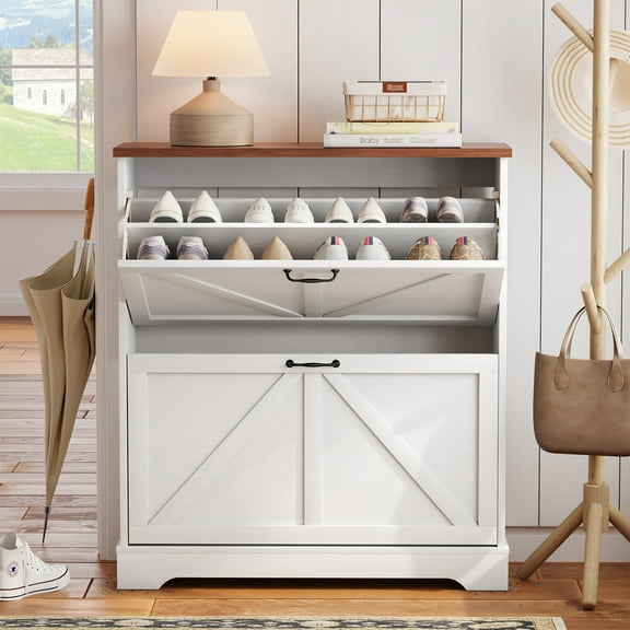 Smart FENDEE Shoe Cabinet with 2 Flip Drawers,Freestanding Shoes Storage Cabinet for Entryway,White
