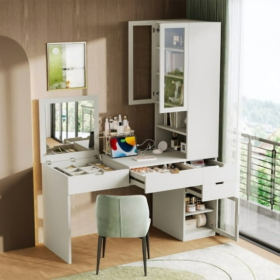 Versatile Makeup Vanity Desk with Mirror and Charging Station, White Dressing Table with 8 Hidden Compartments, 3 Drawers, 2 Cabinets, Open Shelves, Computer Desk for Students and Home Office