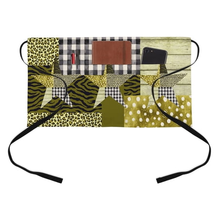 Western Texas Star Kitchen Restaurant Half Waist Apron, Black White Buffalo Check Leopard Green Server Short Apron with 3 Pockets Waterproof Oil Waist Aprons for Women Waitress Waiter