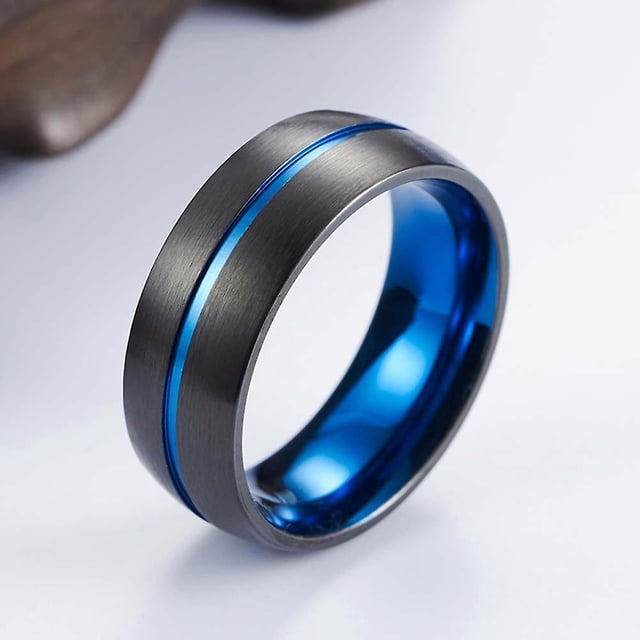 Anillo de tungsteno TANGJMXG acanalado azul 8 mm Talla 10