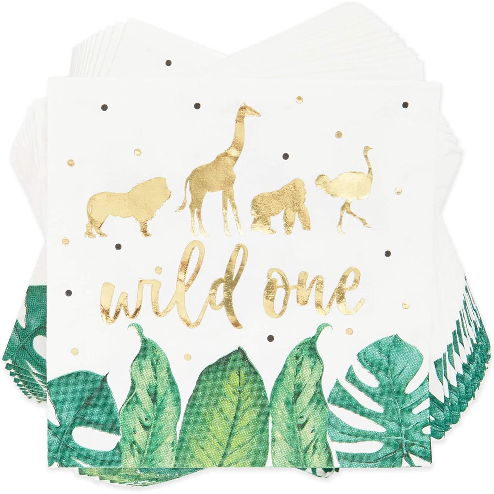 50-Pack Wild One Napkins, 3-Ply Safari Jungle Animal Theme Disposable Paper Napkins for Baby 1st First Birthday Party Supplies and Decorations, 5 inches Folded