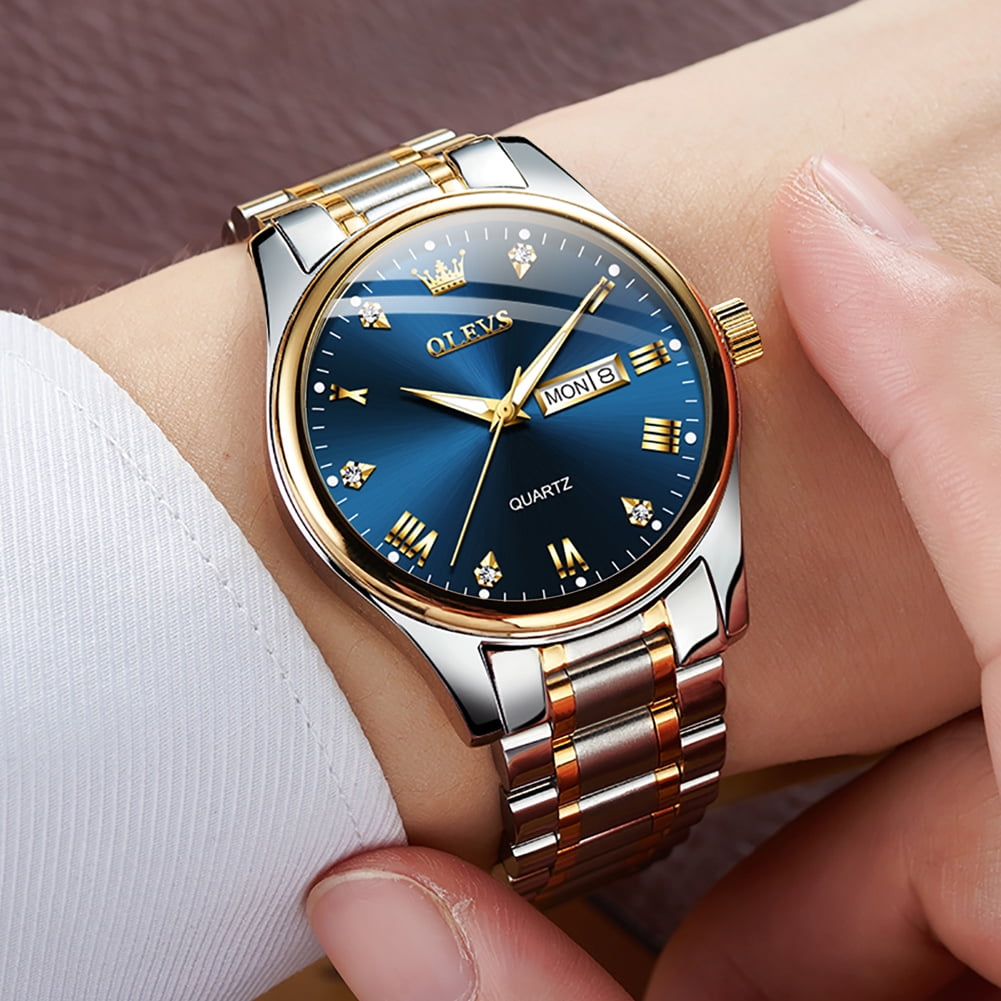 OLEVS Watches for Men Classic with Date Business Dress Luxury Diamond Gold/Black/Blue Waterproof Luminous Mens Wrist Watches Analog Two Tone Stainless Steel Male Reloj para Hombre