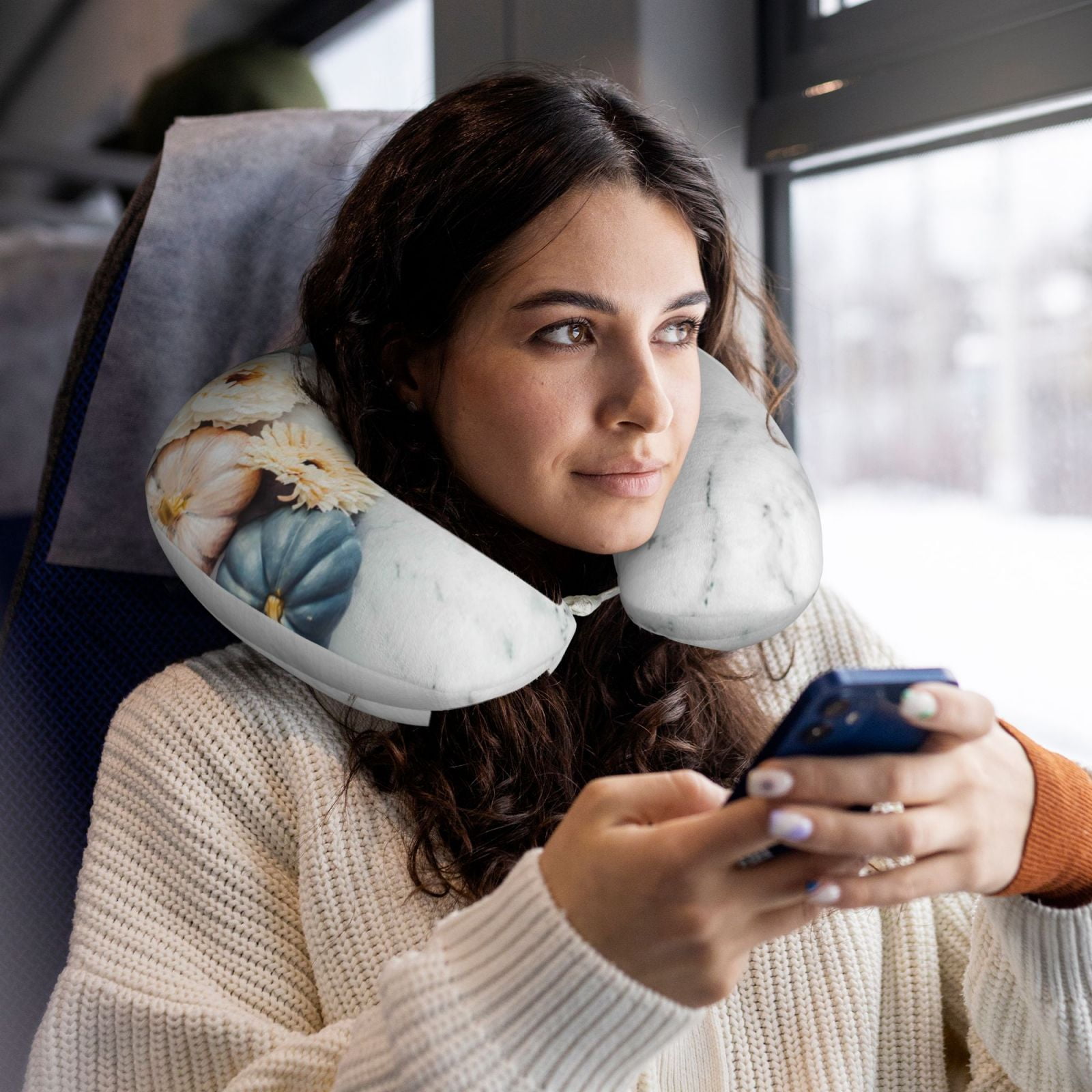 Xecao Pumpkin And White Marble Print Memory Foam Cervical Neck Pillow Versatile U-Shaped Pillows for Home,Office,Camping,Travelling,Soft Washable Cover