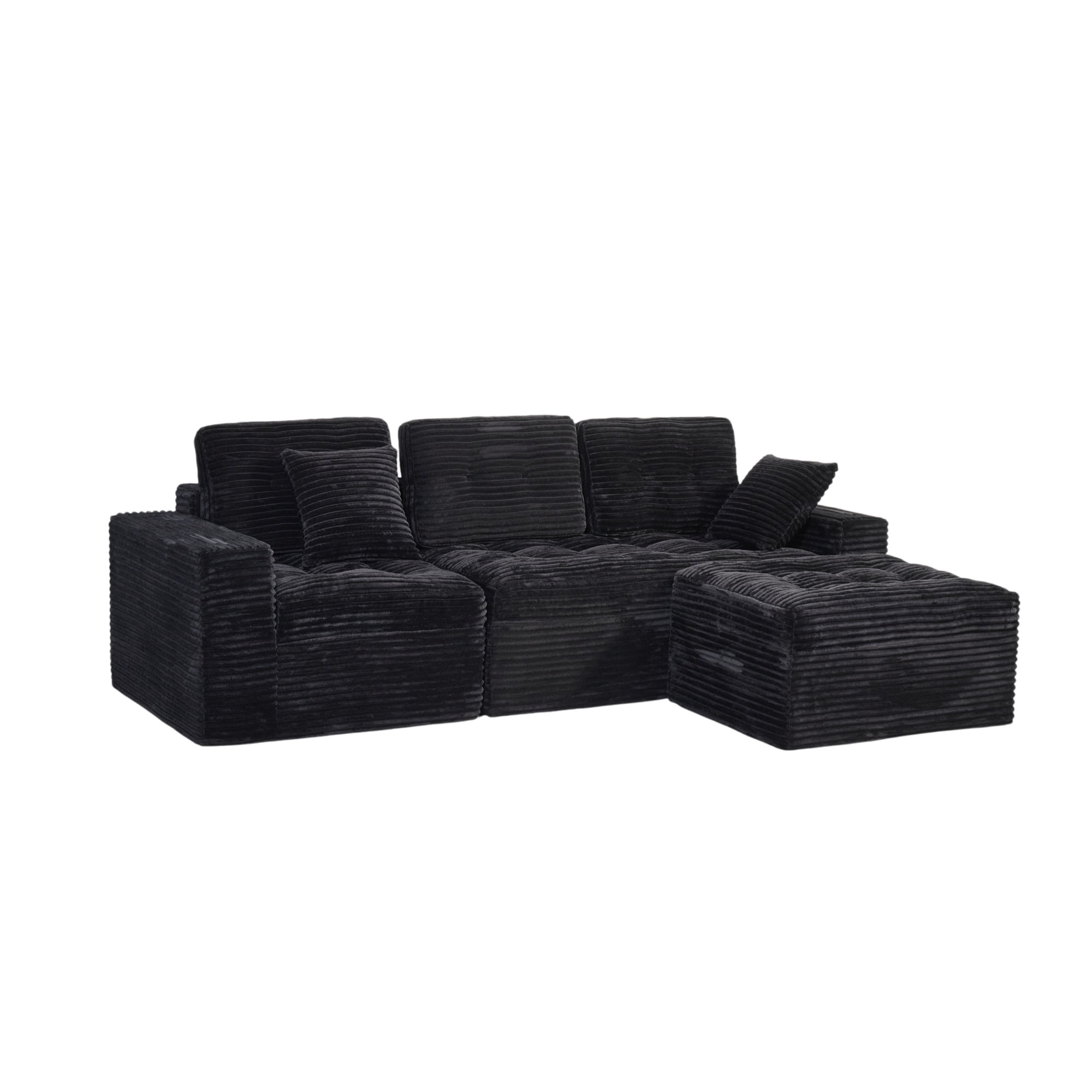 Compressed Pure Foam Boneless Sofa Set with Ottoman, Upholstered Faux Fur Tufted Couch, 3-Seater Floor Sectional Sofa