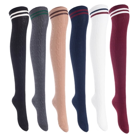 Lian Lifestyle Women's 6 Pairs Incredible Durable Super Soft Unique Over Knee High Thigh High Cotton Socks, Size US 6-9, JMYP1023 Black, Dark Gray, Khaki, Navy, White, Wine