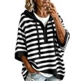thumbnail image 2 of TGSLY Striped Hooded Sweater for Women Lightweight Henley Half Button Down Knit Tops Loose Casual 3/4 Batwing Sleeve Fall Winter Pullovers XL, 2 of 8