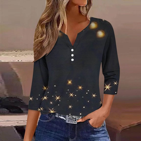 Sevevn Women's Fashion Sequin Printed 3/4 Sleeve Blouse V Neck Casual Tops Black S Christmas Gift