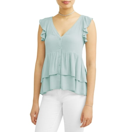 Juniors' Crinkle Gauze Ruffle Peplum Flutter Sleeve Blouse