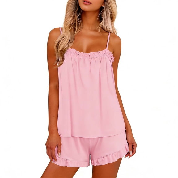Qiopertar Women's 2 Piece Satin Pajama Set Ruffle Tank Top and Shorts Sleepwear Loungewear Bridal Pajamas Casual Comfy Elastic Waistband Loose Fit, Pink L