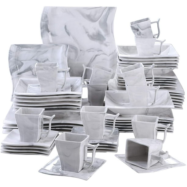 MALACASA, Series Flora, 60-Piece Marble Grey Dinnerware Set Porcelain