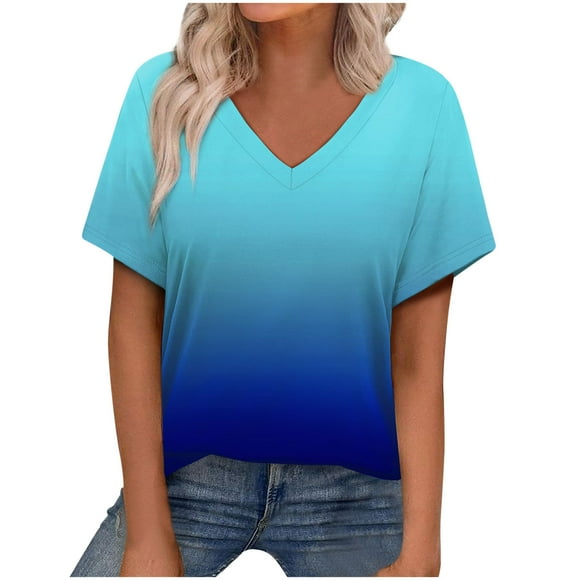 Scyoekwg Womens Summer Tops 2025 V Neck Short Sleeve T Shirts Trendy Dressy Casual Vacation Outfits Gradient Color Graphic Tee Shirt (Blue,XXL）