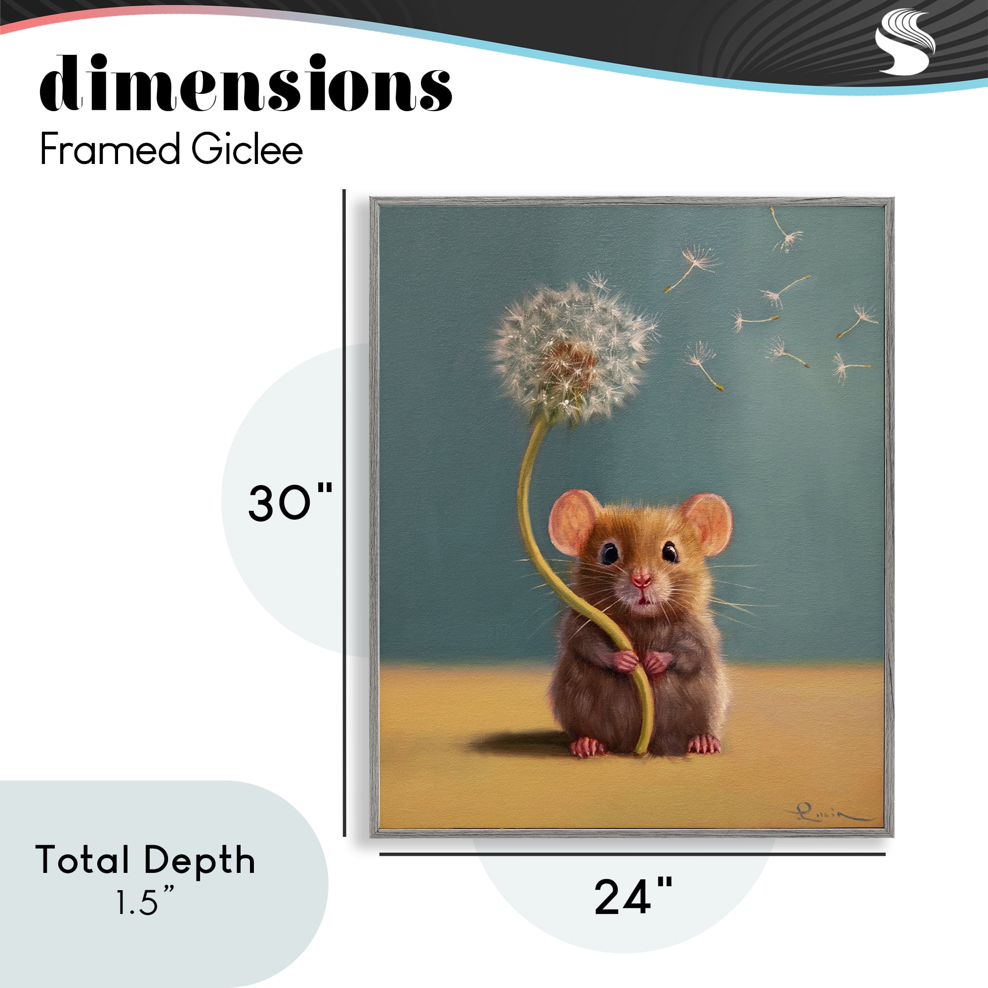 Tiny Wishes Mouse & Dandelion Gray Framed Giclee Art, design by Lucia Heffernan