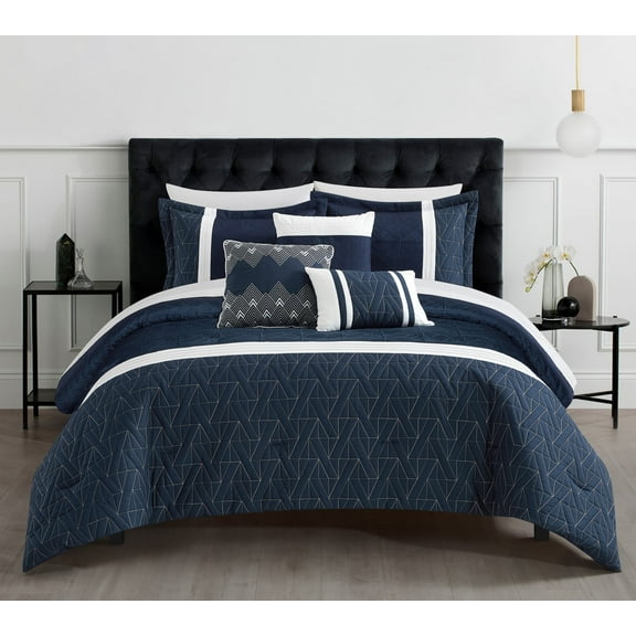 Chic Home Macie Comforter Set Jacquard Woven Geometric Design Pleated Quilted Details Bed In A Bag Bedding - Sheet Set Decorative Pillows Shams Included - 10 Piece - Queen 92x96", Navy