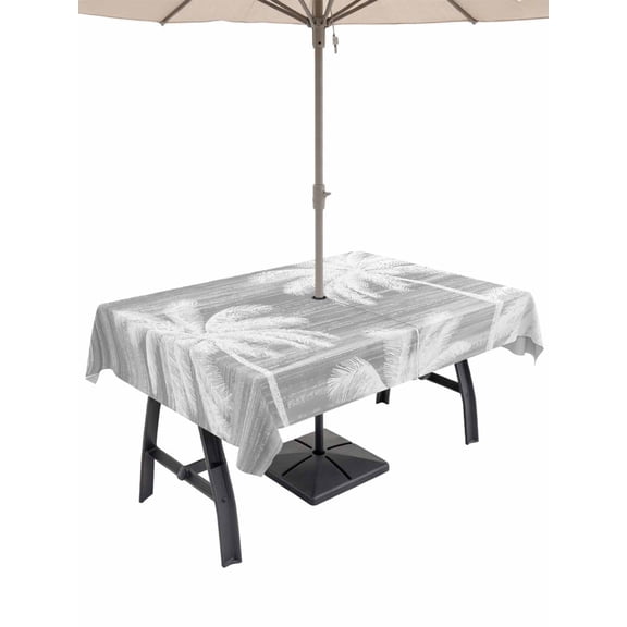 Outdoor Tablecloth with Umbrella Hole & Zipper, Grey Palm Trees Rectangle Tablecloth 60x84 Inch, Vintage Tropical Summer Botancial Patio Table Cover Waterproof Table Cloth for Picnic/Party