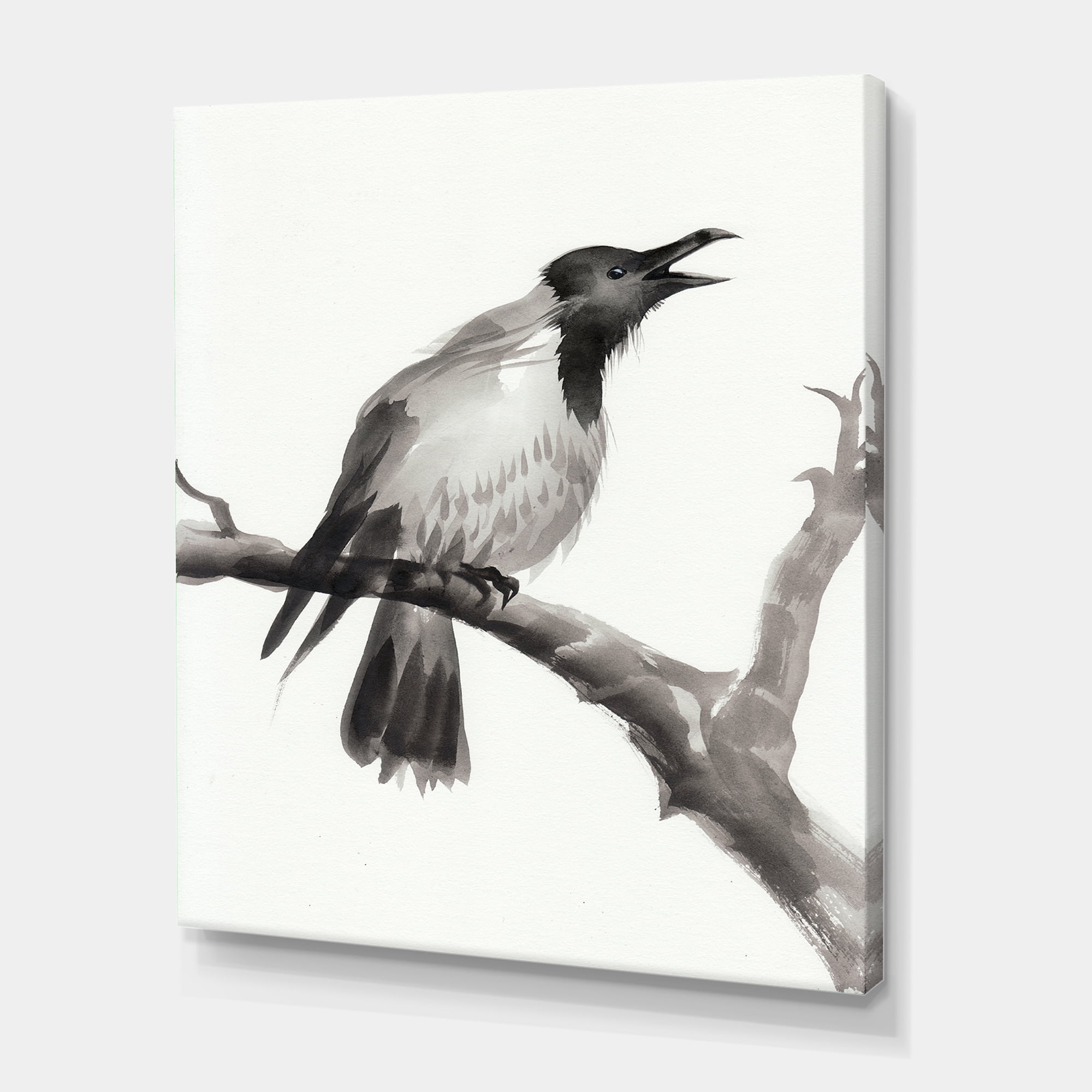 Designart ' Monochrome Crying Crow On A Branch ' Traditional Canvas Wall Art Print