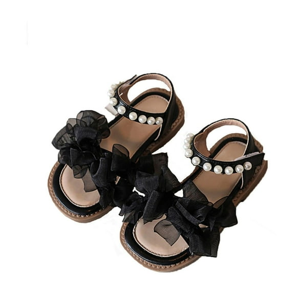 Otqutp Princess Footwear for Baby Girls Summer Mesh Pearl Beaded Soft Bottom Open Toe Beach Shoes Princess Sandals for 3 to 11 Years