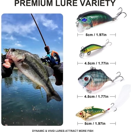 UBSWF-124 Pcs Fishing Lures Gear Equipment Tackle Box for Bass Fish Kit with Soft Lure Hooks Worms Plastic Bait Accessories Tools Swimbait Crappie Jigs Crankbaits Gifts for Me