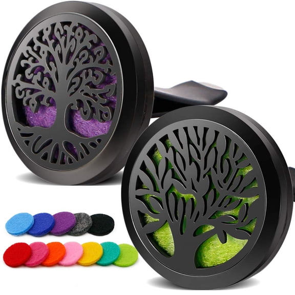 2PCS Tree of Life Car Diffuser Aromatherapy Essential Oil Black Stainless Steel Locket with Vent Clip 12 Felt Pads
