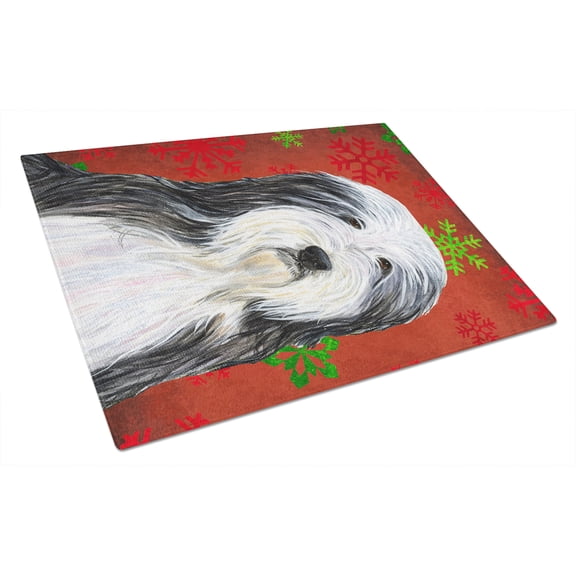 Carolines Treasures SS4704LCB Bearded Collie Red and Green Snowflakes Holiday Christmas Glass Cutting Board Large, 12H x