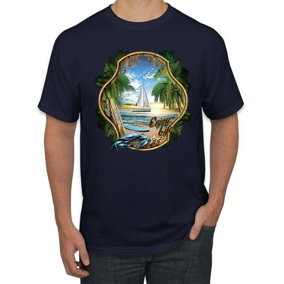 Wild Bobby, Enjoy Life Vintage Beach Surf Sailboat, Pop Culture, Men Graphic Tee, Navy, 3X-Large