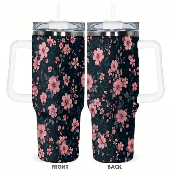 40oz Dark Floral Travel Tumbler with Handle and Straw Lid Pink Blossom Insulated Car Coffee Cup Gift for Women